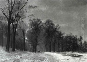 Wooded Winter Landscape With Horse And Carriage On Path by Louis Apol
