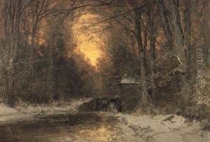 Winters Bosgezicht Met Sluisje by Louis Apol