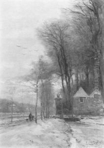 A Traveller On A Snowy Track Leading To An Estate, At Sunset by Louis Apol