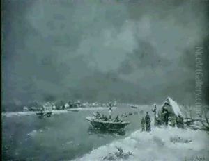 Flodlandskap Med Batar Och Figurer - Vinter by Louis Apol