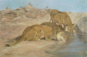 Lowenpaar An Der Tranke by Carl Heinrich Wilhelm Appel