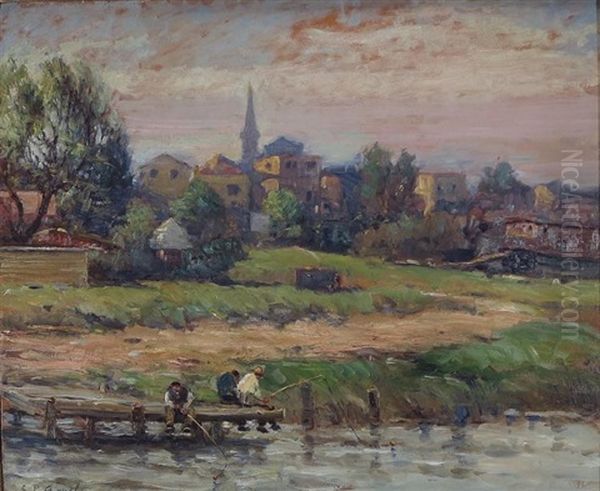 Impressionist View - Waterside Town With Anglers - view 1