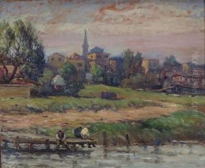 Impressionist View - Waterside Town With Anglers by Charles P. Appel