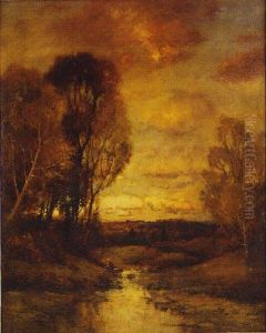 Landscape With A Man In A Boat On A River At Dusk by Charles P. Appel