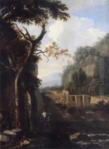 An Italianate Landscape With A Waterfall And Anglers In The Foreground by Bartholomeus Appelman