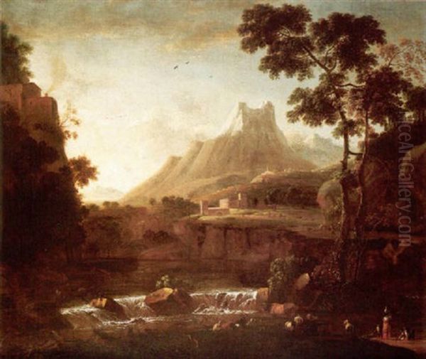 A Mountainous Landscape With Herders Watering Their Animals In The Foreground, A Fortress Beyond - view 1