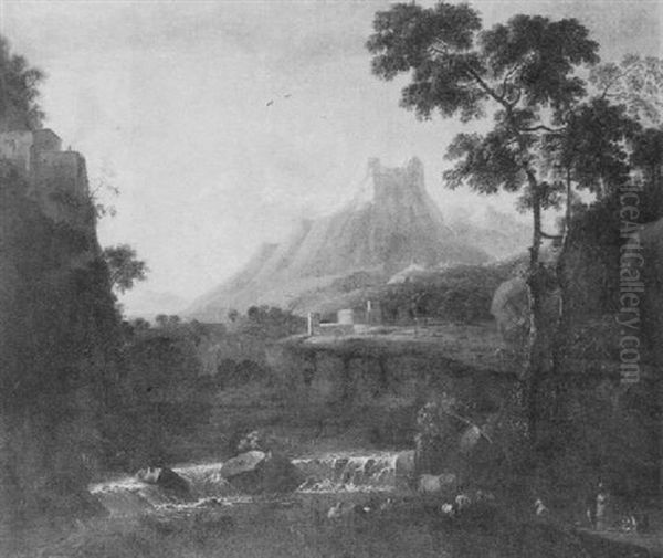 An Italianate Landscape With Milkmaids Watering Their Livestock In The Foreground, A Waterfall, A Castle And Mountains Beyond - view 1