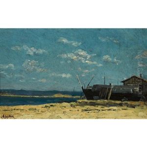 Strandpartie Mit Boot Und Haus Strandpartie Mit Boot Und Haus