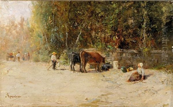 Vacher Surveillant Ses Vaches S'abreuvant A Une Fontaine - view 1