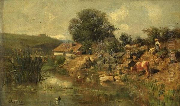 Bord De Riviere Avec Femme Et Vache - view 1