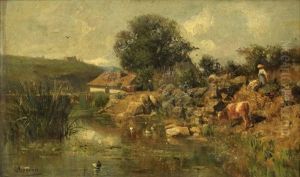 Bord De Riviere Avec Femme Et Vache by Adolphe Appian