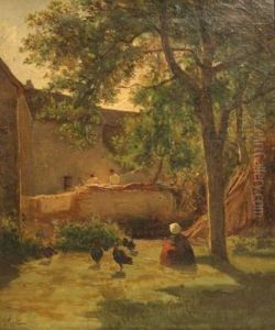 Jeune Fille Assise Sur L'herbe Dans Une Cour De Ferme Jeune Fille Assise Sur L'herbe Dans Une Cour De Ferme
