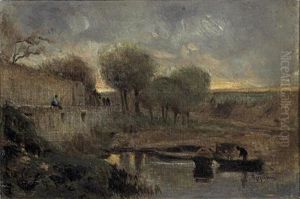 Abendliche Uferpartie Mit Anglern Abendliche Uferpartie Mit Anglern
