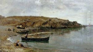 Bateaux Et Enfants Au Bord De La Mer by Adolphe Appian