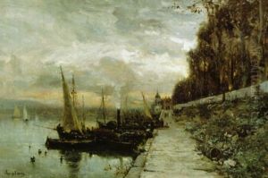 Environs De Lyon (fischerboote Auf Der Rhone, Im Hintergrund Die Silhouette Von Lyon) by Adolphe Appian