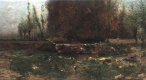 Flusslandschaft Mit Enten Und Brucke by Adolphe Appian
