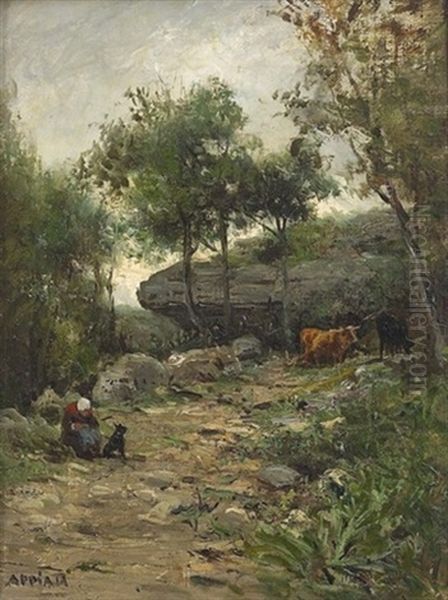 Bauerin Mit Rindern In Waldiger Landschaft - view 1