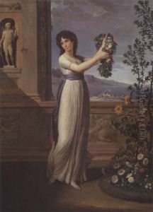 Portrait Of A Lady Holding A Garland Of Flowers, By A Stone Parapet With Classical Reliefs And Statues, A View Of A Bay With The Triumph Of Galatea Beyond by Andrea, the Elder Appiani