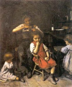 Jeune Mere Et Ses Enfants Attendant Le Retour Du Pere Pour Les Repas by Eduard d' April