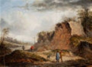 Rocky Landscape With Travelers On A Path And Two Figures Conversing In The Foreground