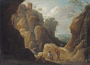 Travellers Resting By A Creek In A Rocky Landscape