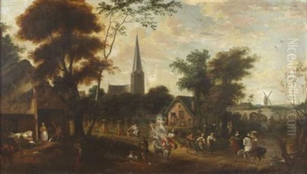 A Busy Village Scene With Carousing Figures And Distant Windmill - view 1