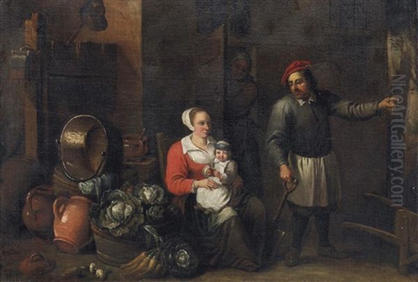 Kucheninterieur. Familie In Der Stube Neben Zahlreichen Topfen, Krugen Und Gemuse - view 1