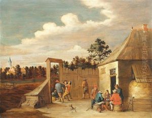 Im Hof Eines Alten Anwesens Zechende Und Pfeife Rauchende Bauern
