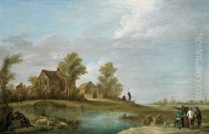 Ein Dorf In Den Dunen Mit Rastenden Bauern Und Einem Hirten Mit Herde
