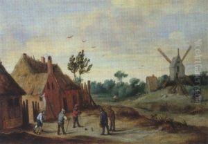 Bauern Beim Kolfspiel, Im Hintergrund Eine Windmuhle by Thomas Van Apshoven