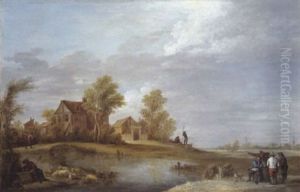 Dorf An Einem Flus Mit Bauern, Hirten Und Herde by Thomas Van Apshoven