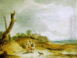 Drei Bauern Mit Einem Hund In Einer Landschaft by Thomas Van Apshoven