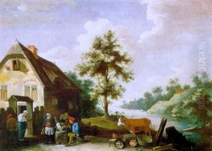 Feiernde Bauern Vor Einem Haus Am Fluss by Thomas Van Apshoven
