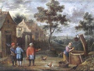 Cour De Ferme Avec Villageois Conversant Et Femme Tirant De L'eau Au Puits