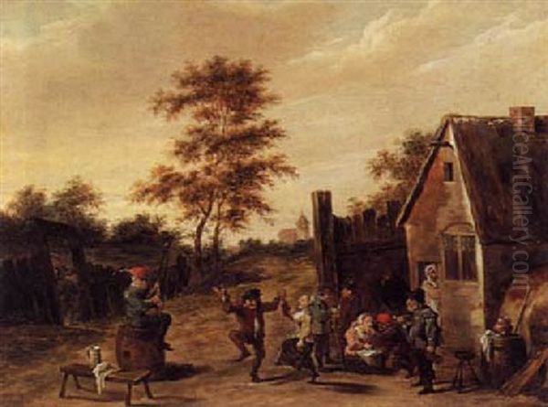 Village Scene With Peasants Dancing In The Courtyard Of An In by Thomas Van Apshoven