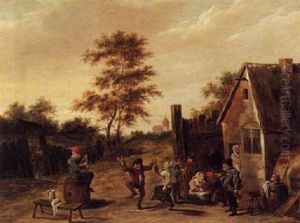 Village Scene With Peasants Dancing In The Courtyard Of An In by Thomas Van Apshoven