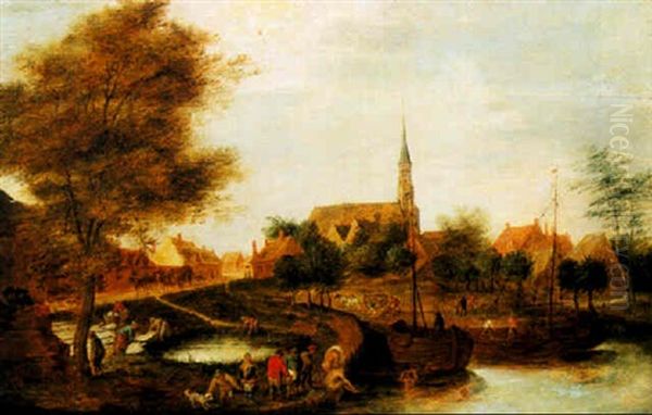 Peasants Bathing By A Village - view 1