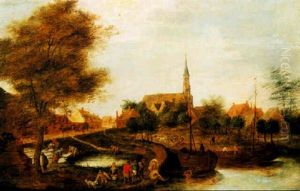 Peasants Bathing By A Village