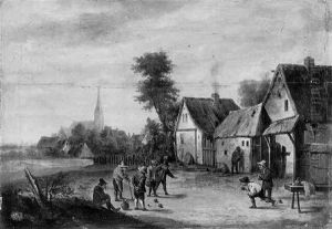 Boors Playing At Skittle On A Yard, A Village Beyond