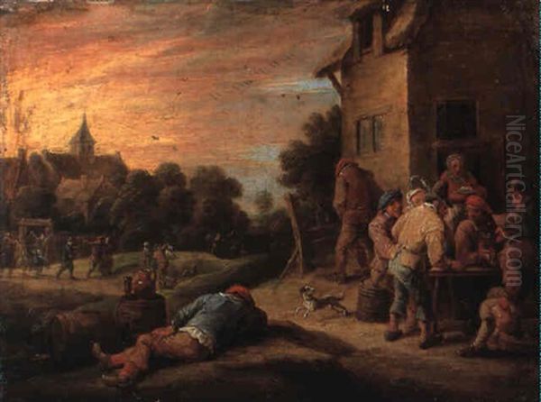 Man Sleeping On The Ground Beside Figures Drinking At A Table - view 1
