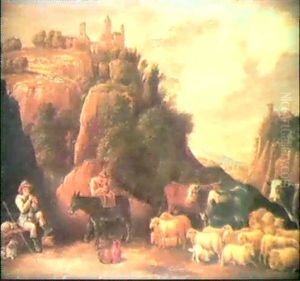A Rocky Landscape With Cattle And Sheep Resting In A Gorge, Watched By A Shepherd Playing A Pipe And Another With A Mule