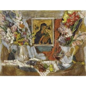 Still Life With Flowers And Icon by Alexis Paul Arapov