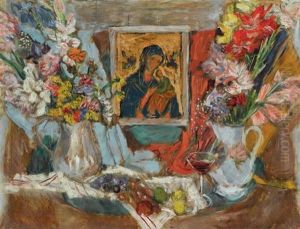 Still Life With Flowers And Icon by Alexis Paul Arapov