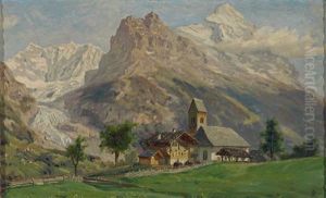 Hochgebirgslandschaft Mit Gletscher, Im Vordergrund Malerisches Kirchdorf