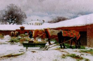 Gardsmotiv Med Hastar Och Sladar, Vinter I Dalarna