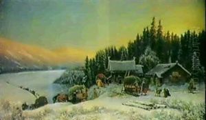 Vintermotiv Med Gard Samt Manniskor Och Hastforor-          Landskapspanorama