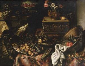 Natura Morta Con Bacile Di Metallo E Vaso Di Fiori, Carciofi, Sedani, Cavolo, Pere E Pesche