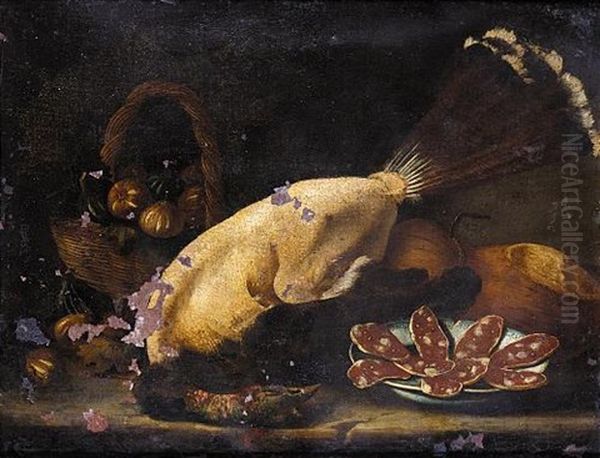 Still Life Of A Basket Of Figs Together With A Plucked Bird, A Plate Of Salami And Loaves Of Bread On A Stone Ledge - view 1