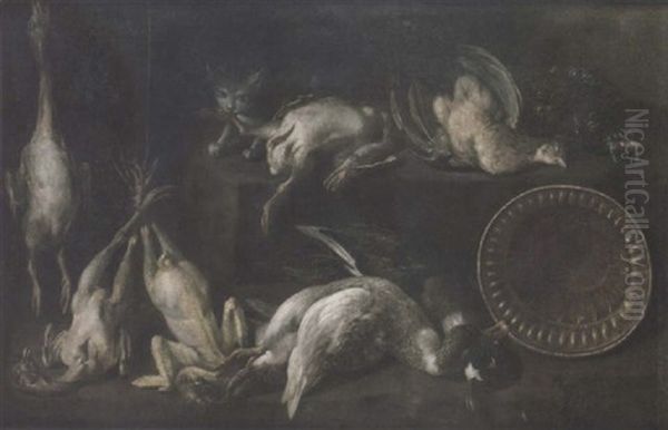 A Game Larder With A Hanging Duck And Chickens, With Duck, A Copper Bowl And Game Birds On A Ledge With A Cat Stealing A Chicken - view 1