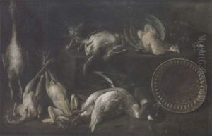 A Game Larder With A Hanging Duck And Chickens, With Duck, A Copper Bowl And Game Birds On A Ledge With A Cat Stealing A Chicken by Bartolomeo Arbotori